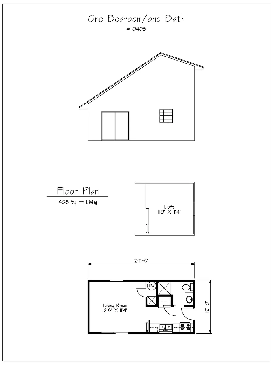 Plan #0408 one bedroom one bath floor plan preview with loft