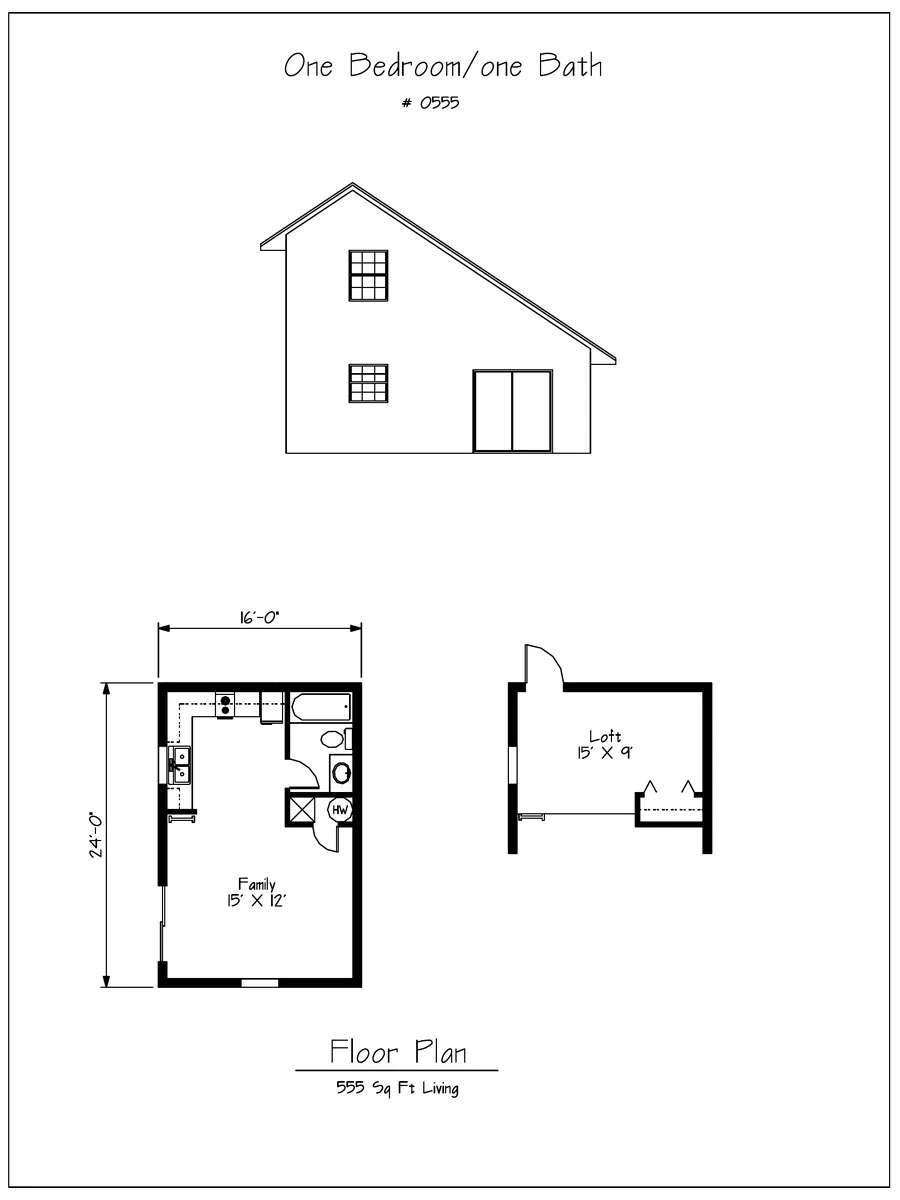 Plan #0555 one bedroom one bath floor plan preview with loft