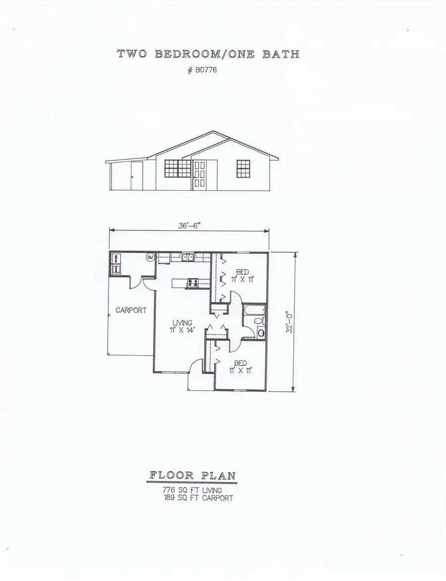 Plan #B0776 two bedroom house plan preview