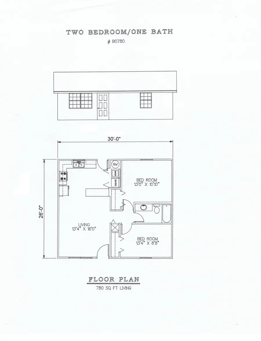 Plan #B0780 two bedroom house plan preview