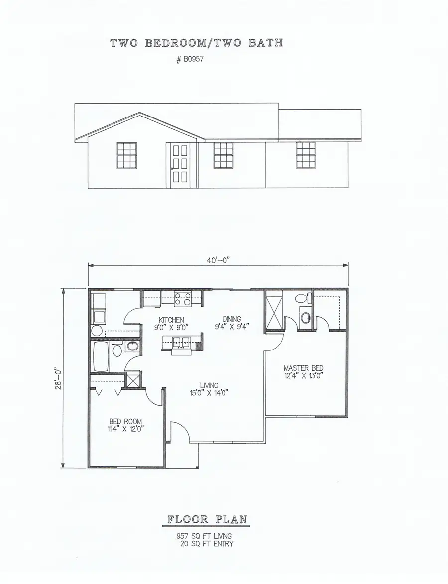 Plan #B0957 two bedroom house plan preview