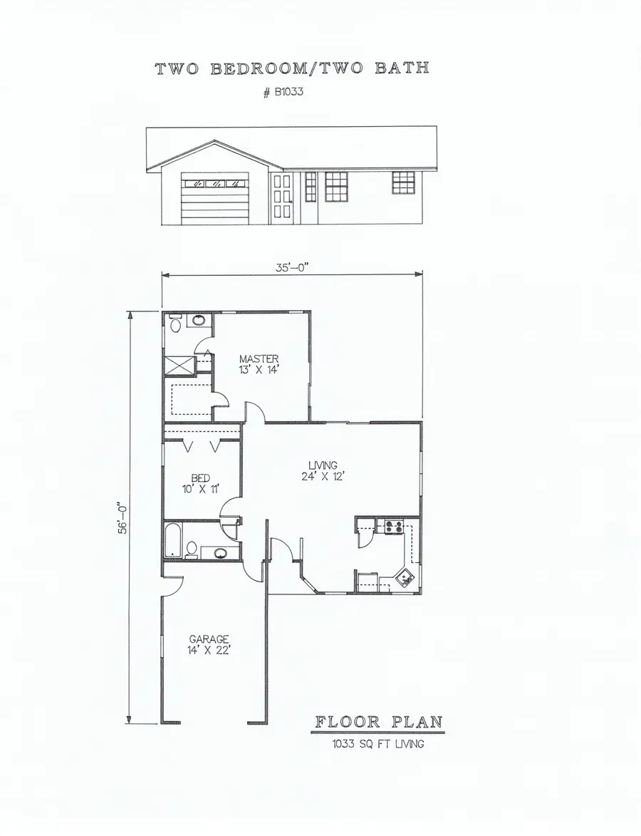 Plan #B1033 two bedroom house plan preview
